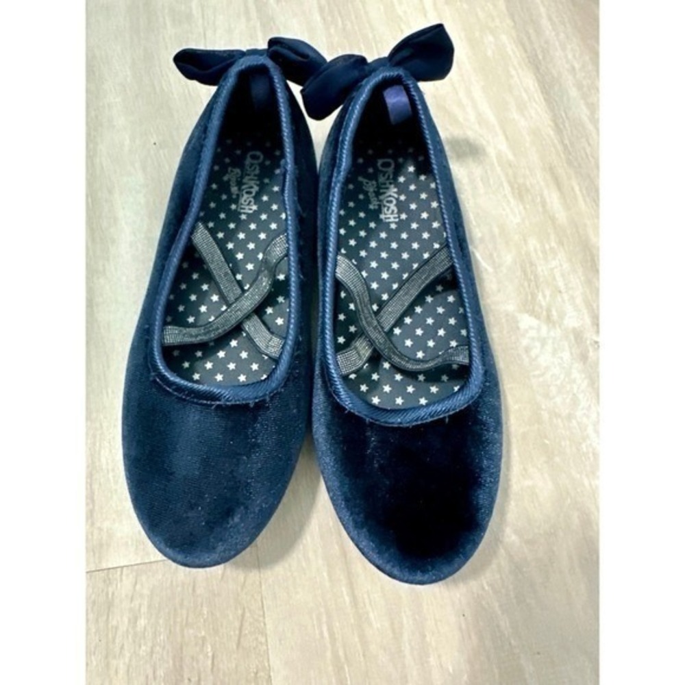 OshKosh B'gosh Ballet Flats Girls Size 1 Navy Blue Good Velvet Bow Elastic Strap